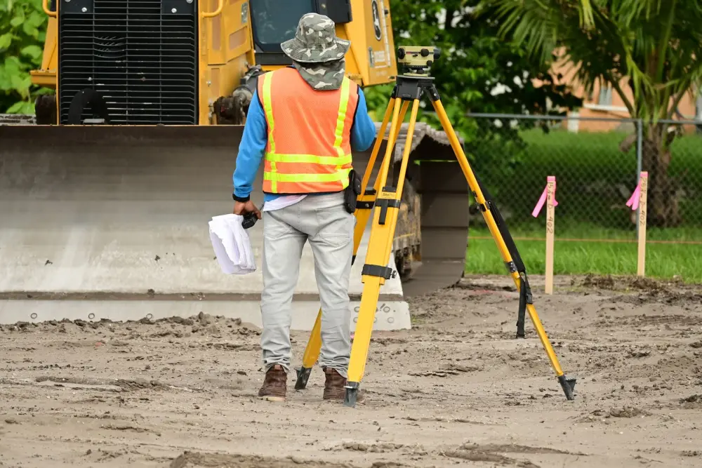 Topógrafo con nivel sobre tr&iacute;pode revisando un terreno con estacas de trazo